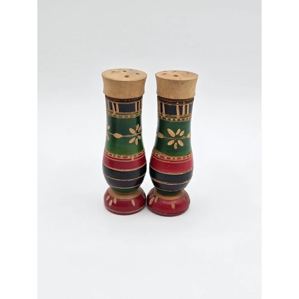 Unique vintage multi color stained wood carved Miami Beach salt & pepper shakers